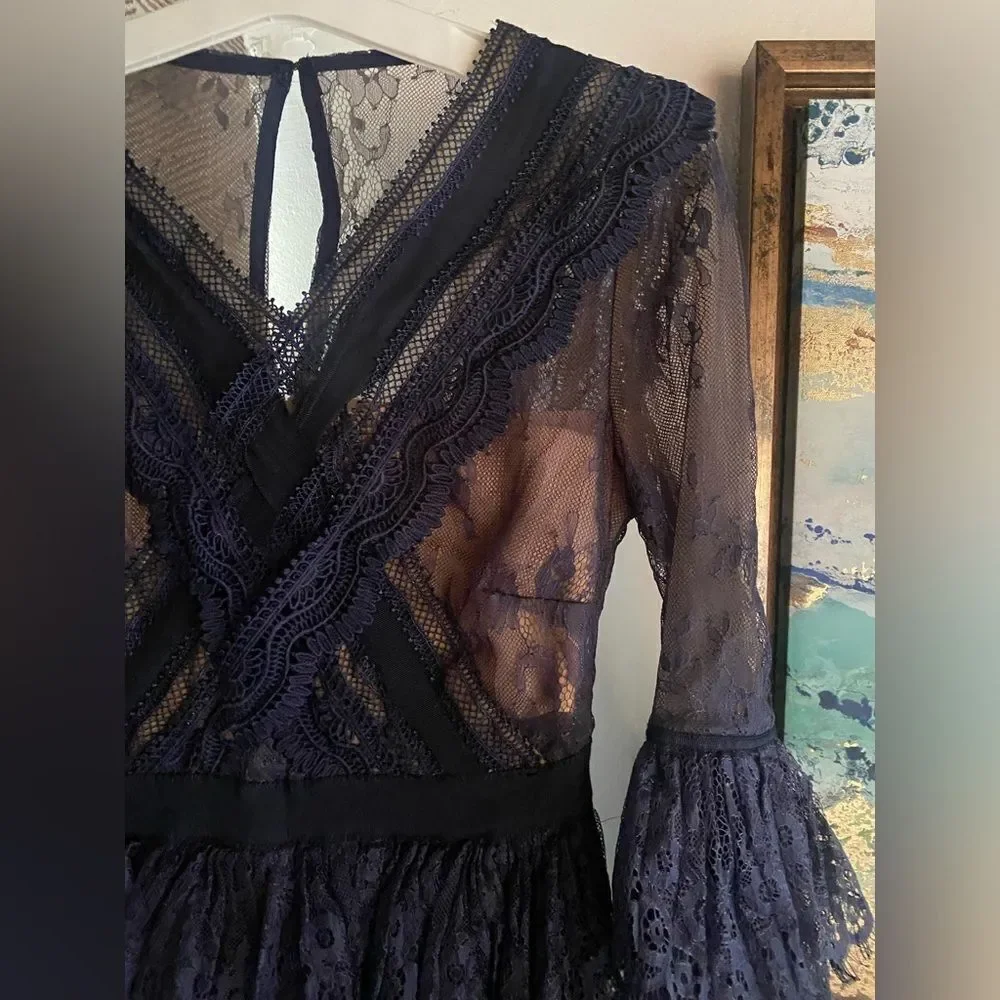 Self-Portrait Mini Dress Size 0 Navy Blue  Lace Ruffles Sleeve Lined - Picture 7 of 16